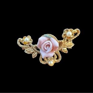 Vintage Gold and Pink Floral Brooch